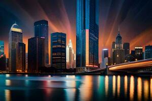 el ciudad horizonte a noche con luces reflejando apagado el agua. generado por ai foto