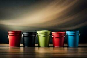 five colorful buckets on a wooden table. AI-Generated photo