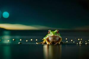 a frog sitting on the ground with bubbles around it. AI-Generated photo