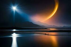 a crescent moon is reflected in the water. AI-Generated photo
