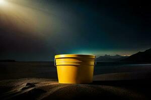 un amarillo Cubeta se sienta en el playa a noche. generado por ai foto