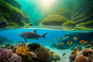 a fish swims in the ocean with coral and other fish. AI-Generated photo