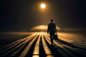 un hombre en un traje camina a través de un la carretera a noche. generado por ai foto