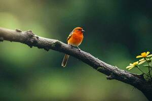 a red bird sitting on a branch with yellow flowers. AI-Generated photo