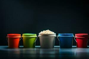 five buckets of popcorn on a dark table. AI-Generated photo