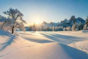 nieve cubierto montañas y arboles a puesta de sol. generado por ai foto