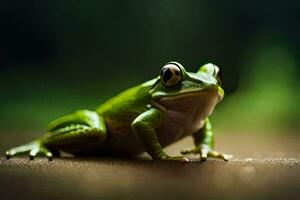 a green frog sitting on the ground. AI-Generated photo