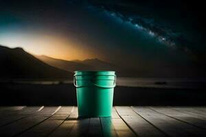 a green bucket sitting on a wooden floor with a night sky in the background. AI-Generated photo