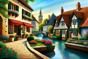 a painting of a canal in europe. AI-Generated photo