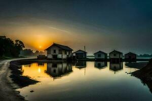 the sun rises over a lake with several small houses. AI-Generated photo