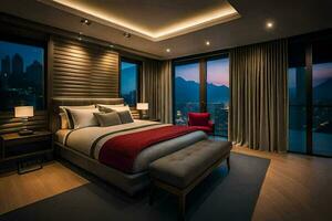 a bedroom with a view of the city at night. AI-Generated photo