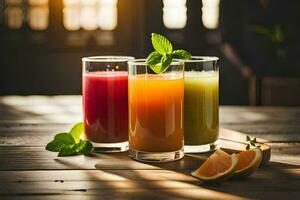 three glasses of juice on a wooden table. AI-Generated photo