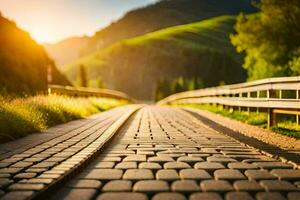 un la carretera con un de madera puente y un tren pista. generado por ai foto