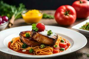 un plato de comida con carne y vegetales. generado por ai foto