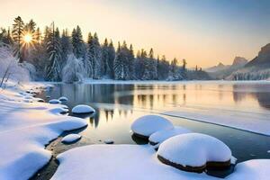 nieve cubierto rocas en un lago a puesta de sol. generado por ai foto