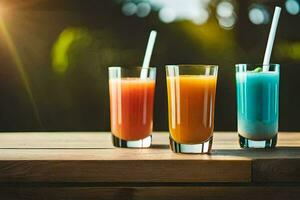 three glasses of juice on a table. AI-Generated photo
