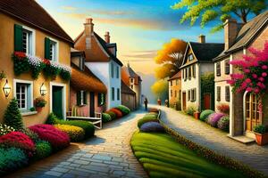 a painting of a street with houses and flowers. AI-Generated photo