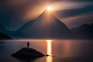 un hombre soportes en un rock en frente de un montaña a puesta de sol. generado por ai foto