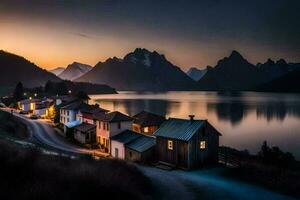 foto fondo de pantalla el cielo, montañas, agua, casas, el mar, el montañas, Noruega. generado por ai