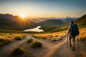a man with a backpack and trek poles walks along a dirt road in the mountains. AI-Generated photo