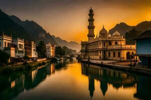 a mosque in the middle of a river at sunset. AI-Generated photo