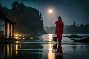 a woman in a red dress walking along the shore at night. AI-Generated photo