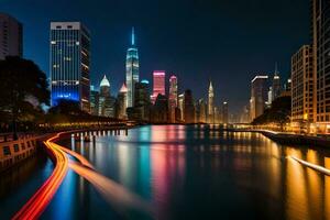 the city skyline at night with lights on the water. AI-Generated photo