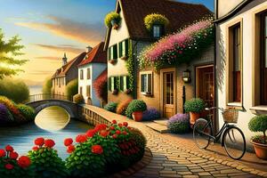 a painting of a street with flowers and a bicycle. AI-Generated photo