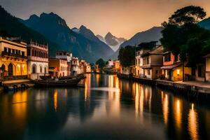 a canal in a town at sunset with mountains in the background. AI-Generated photo