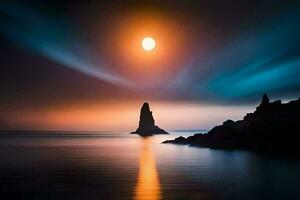 a full moon is reflected in the water. AI-Generated photo