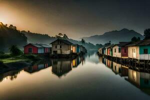 colorful houses on the water at sunset. AI-Generated photo