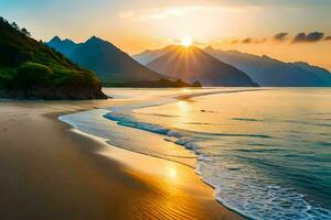 the sun rises over the ocean and mountains in this beautiful beach scene. AI-Generated photo