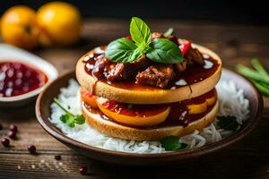 a sandwich with meat and vegetables on top of rice. AI-Generated photo