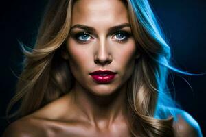 a beautiful blonde woman with blue eyes and red lips. AI-Generated photo