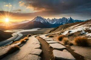 el Dom sube terminado el montañas en el antecedentes. generado por ai foto