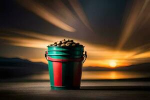 a bucket of nuts on a table with a sunset in the background. AI-Generated photo