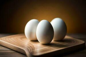 Tres huevos en un de madera corte tablero. generado por ai foto