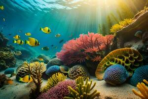 the sun shines over a coral reef with fish and corals. AI-Generated photo