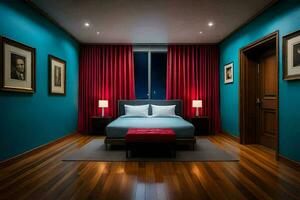 a bedroom with blue walls and red curtains. AI-Generated photo