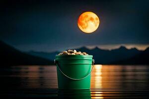 a bucket of nuts on the water with a full moon. AI-Generated photo