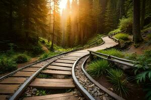 ferrocarril pistas en el bosque a puesta de sol. generado por ai foto