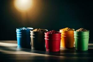 colorful plastic containers with different colored powders. AI-Generated photo