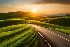 the sun rises over a winding road in the hills. AI-Generated photo