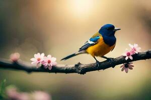 a blue and yellow bird sits on a branch with pink flowers. AI-Generated photo