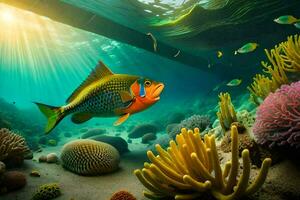 a fish swims in the ocean with coral reefs. AI-Generated photo