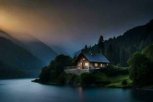 a small cabin sits on the edge of a lake at night. AI-Generated photo