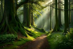 un camino mediante un bosque con arboles y luz de sol. generado por ai foto