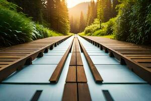 un ferrocarril pista en el medio de un bosque. generado por ai foto