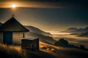 a small hut sits on a hill overlooking the mountains. AI-Generated photo