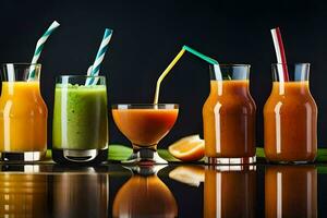 a group of different juices in glasses. AI-Generated photo